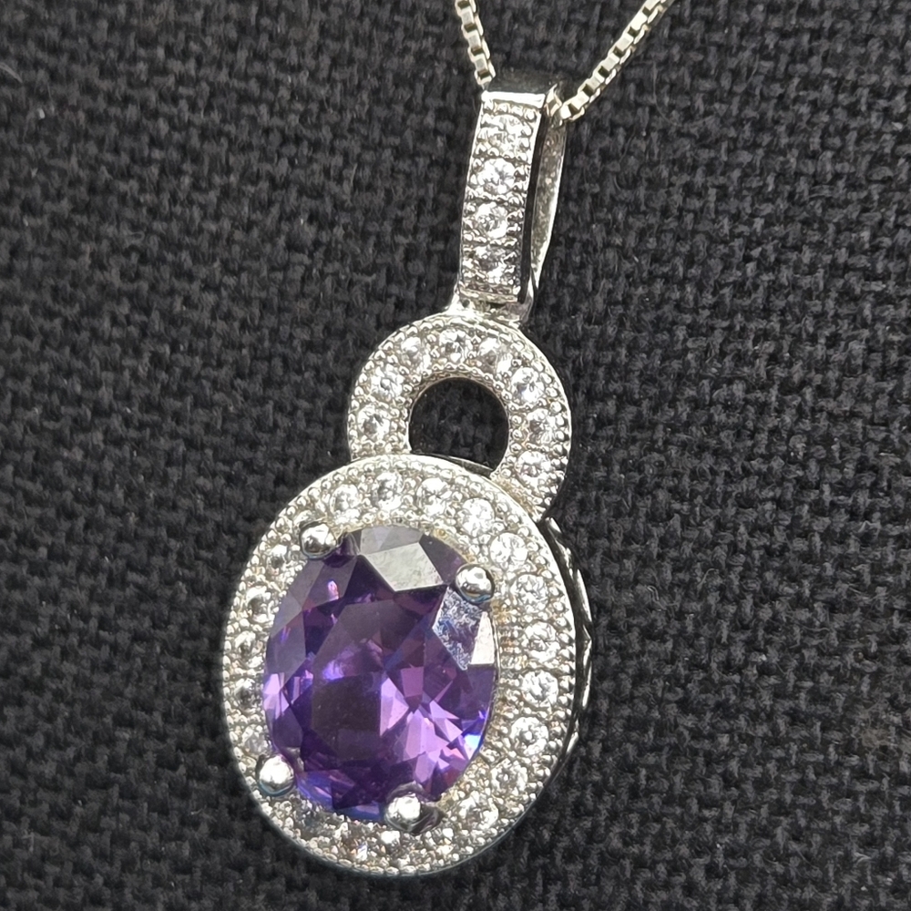Sterling Silver Amethyst Pendant Box Chain Necklace
